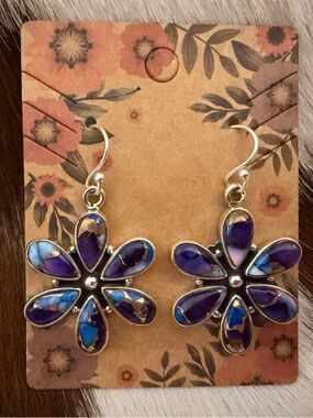 ❤️ Purple Blue Dahlia Kingman Turquoise Sterling Flower Cluster Earrings 1.61”L